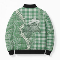 Green Hawaii Palaka Cowboy Turtle Bomber Puffer Jacket Hawaiian Paniolo Puakenikeni Maile Lei - Polynesian Pride