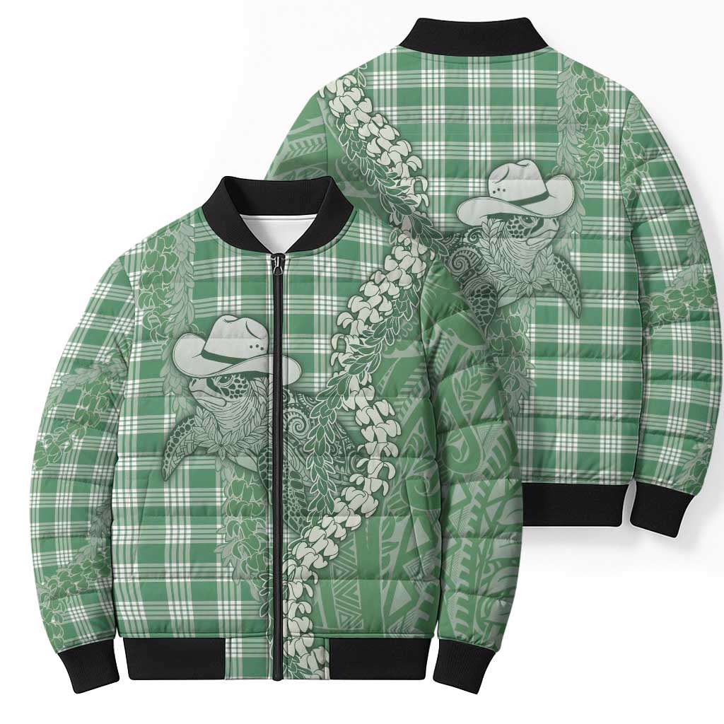 Green Hawaii Palaka Cowboy Turtle Bomber Puffer Jacket Hawaiian Paniolo Puakenikeni Maile Lei - Polynesian Pride