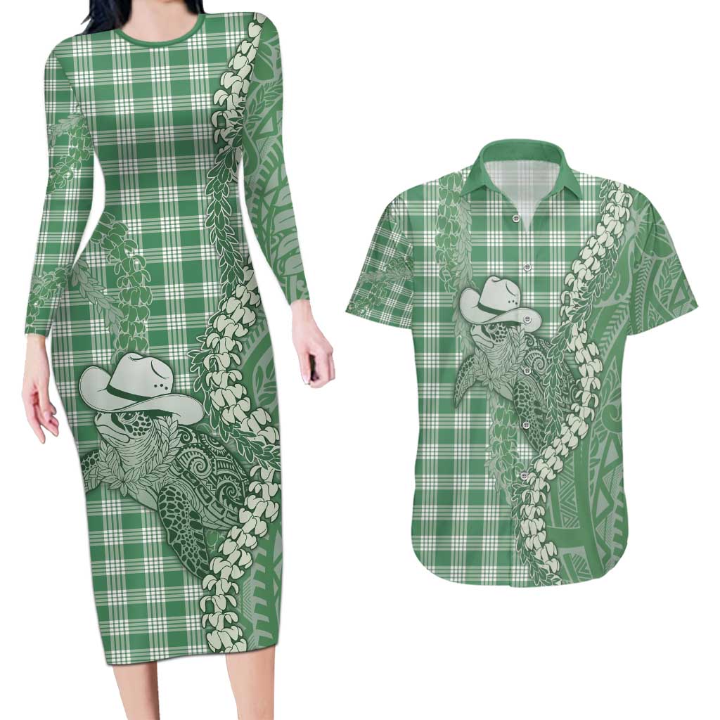 Green Hawaii Palaka Cowboy Turtle Couples Matching Long Sleeve Bodycon Dress and Hawaiian Shirt Hawaiian Paniolo Puakenikeni Maile Lei - Polynesian Pride