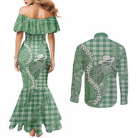 Green Hawaii Palaka Cowboy Turtle Couples Matching Mermaid Dress and Long Sleeve Button Shirt Hawaiian Paniolo Puakenikeni Maile Lei - Polynesian Pride