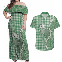 Green Hawaii Palaka Cowboy Turtle Couples Matching Off Shoulder Maxi Dress and Hawaiian Shirt Hawaiian Paniolo Puakenikeni Maile Lei - Polynesian Pride