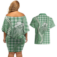 Green Hawaii Palaka Cowboy Turtle Couples Matching Off Shoulder Short Dress and Hawaiian Shirt Hawaiian Paniolo Puakenikeni Maile Lei - Polynesian Pride