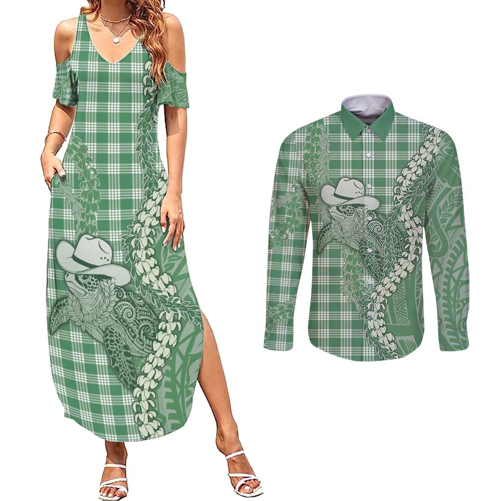 Green Hawaii Palaka Cowboy Turtle Couples Matching Summer Maxi Dress and Long Sleeve Button Shirt Hawaiian Paniolo Puakenikeni Maile Lei - Polynesian Pride