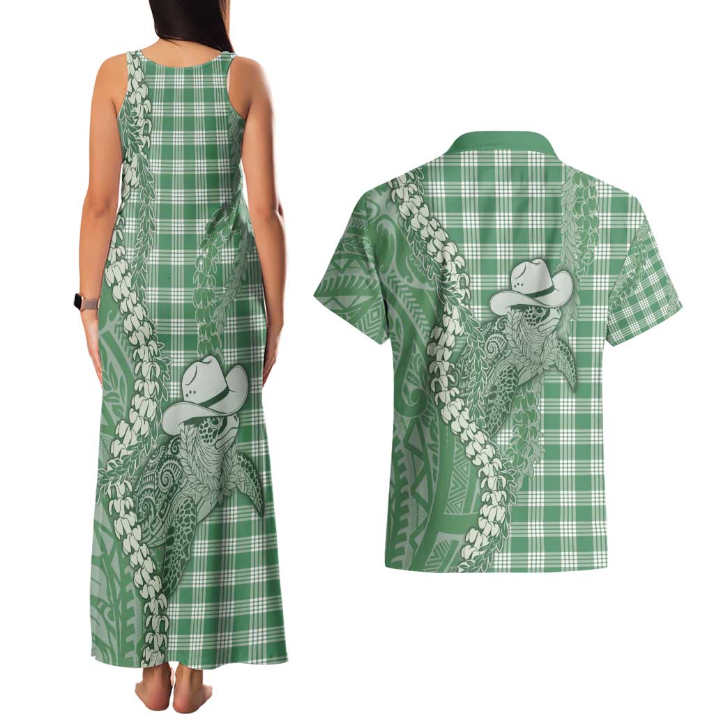 Green Hawaii Palaka Cowboy Turtle Couples Matching Tank Maxi Dress and Hawaiian Shirt Hawaiian Paniolo Puakenikeni Maile Lei - Polynesian Pride