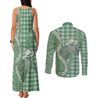 Green Hawaii Palaka Cowboy Turtle Couples Matching Tank Maxi Dress and Long Sleeve Button Shirt Hawaiian Paniolo Puakenikeni Maile Lei - Polynesian Pride
