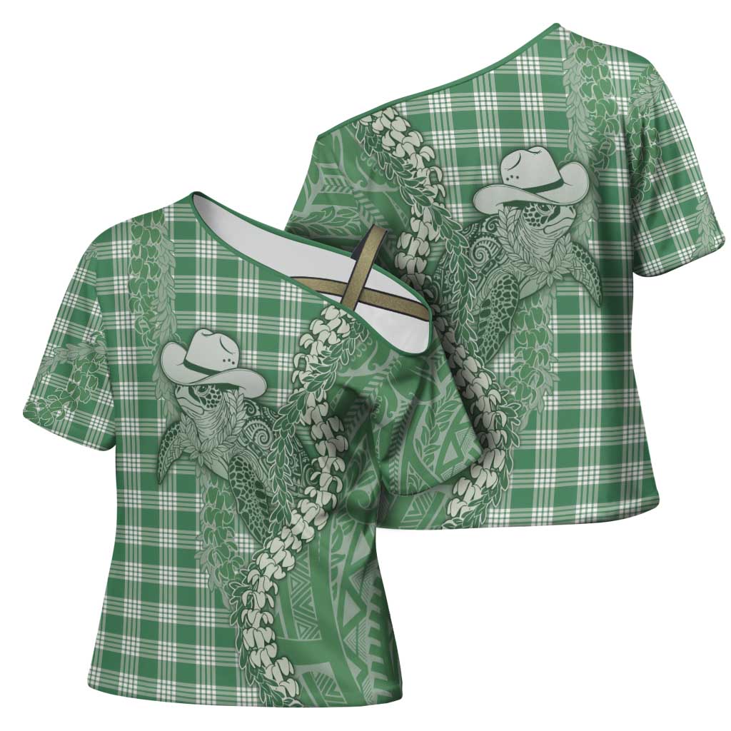 Green Hawaii Palaka Cowboy Turtle Cross Shoulder Shirt Hawaiian Paniolo Puakenikeni Maile Lei - Polynesian Pride