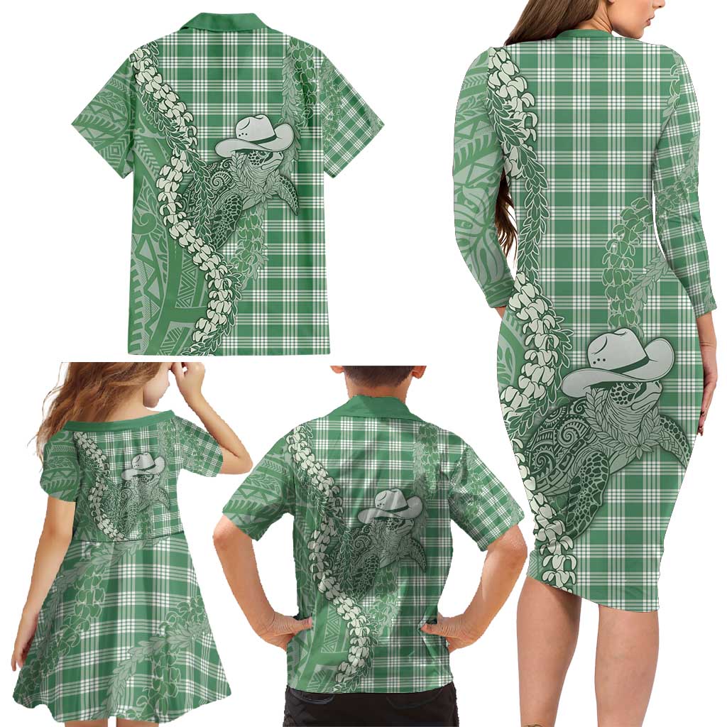 Green Hawaii Palaka Cowboy Turtle Family Matching Long Sleeve Bodycon Dress and Hawaiian Shirt Hawaiian Paniolo Puakenikeni Maile Lei - Polynesian Pride