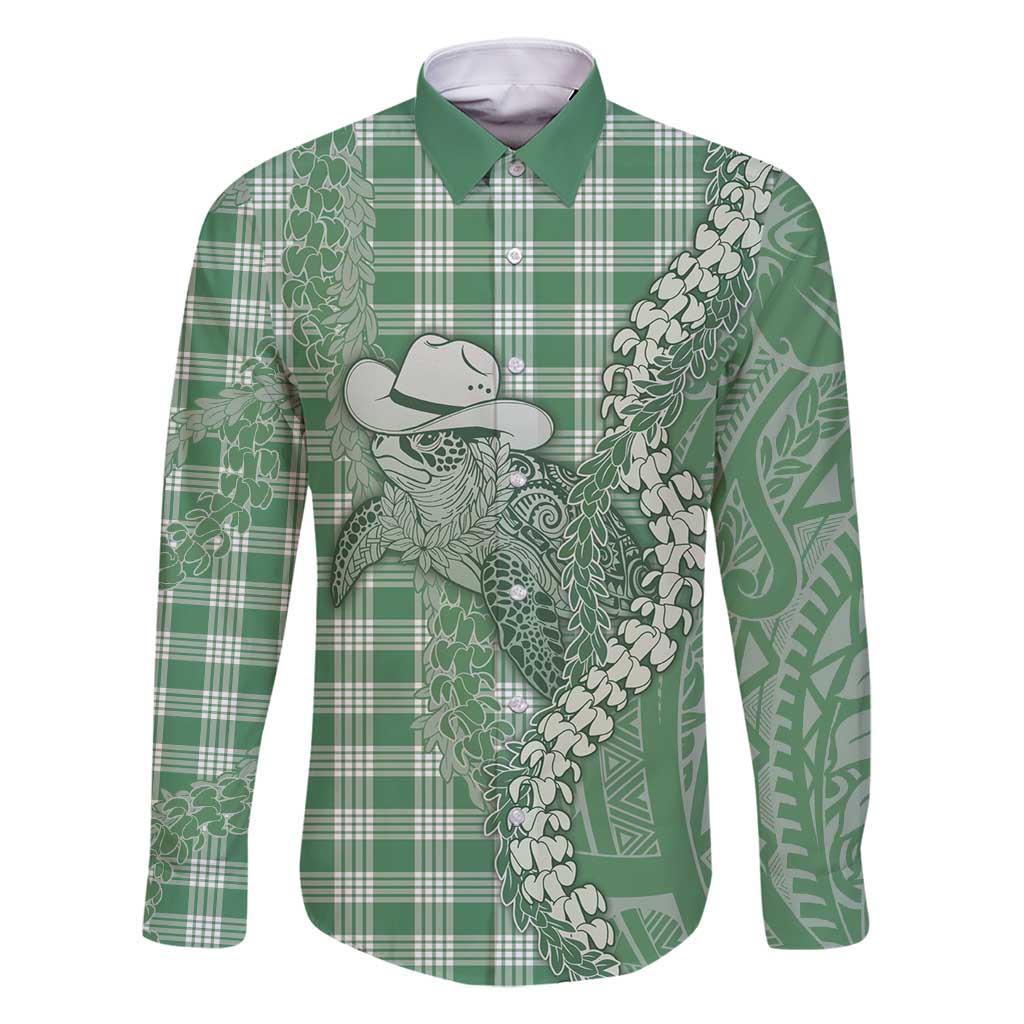 Green Hawaii Palaka Cowboy Turtle Family Matching Long Sleeve Bodycon Dress and Hawaiian Shirt Hawaiian Paniolo Puakenikeni Maile Lei - Polynesian Pride