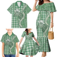 Green Hawaii Palaka Cowboy Turtle Family Matching Mermaid Dress and Hawaiian Shirt Hawaiian Paniolo Puakenikeni Maile Lei - Polynesian Pride