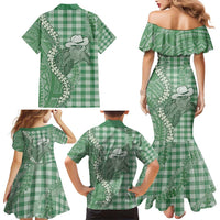 Green Hawaii Palaka Cowboy Turtle Family Matching Mermaid Dress and Hawaiian Shirt Hawaiian Paniolo Puakenikeni Maile Lei - Polynesian Pride