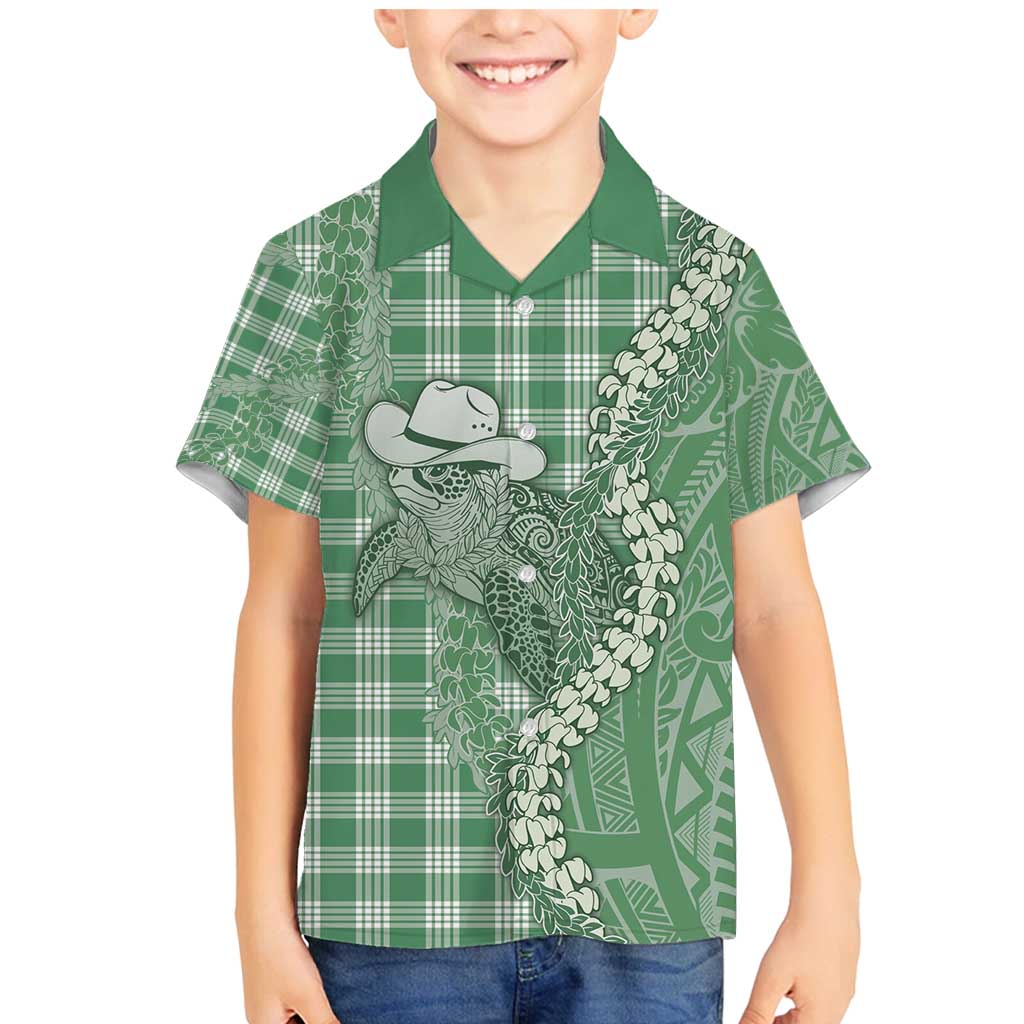 Green Hawaii Palaka Cowboy Turtle Family Matching Mermaid Dress and Hawaiian Shirt Hawaiian Paniolo Puakenikeni Maile Lei - Polynesian Pride