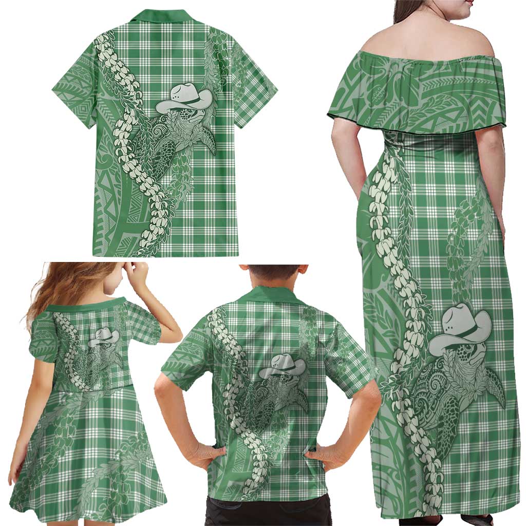 Green Hawaii Palaka Cowboy Turtle Family Matching Off Shoulder Maxi Dress and Hawaiian Shirt Hawaiian Paniolo Puakenikeni Maile Lei - Polynesian Pride