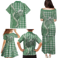 Green Hawaii Palaka Cowboy Turtle Family Matching Puletasi and Hawaiian Shirt Hawaiian Paniolo Puakenikeni Maile Lei - Polynesian Pride