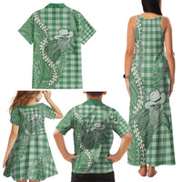 Green Hawaii Palaka Cowboy Turtle Family Matching Tank Maxi Dress and Hawaiian Shirt Hawaiian Paniolo Puakenikeni Maile Lei - Polynesian Pride