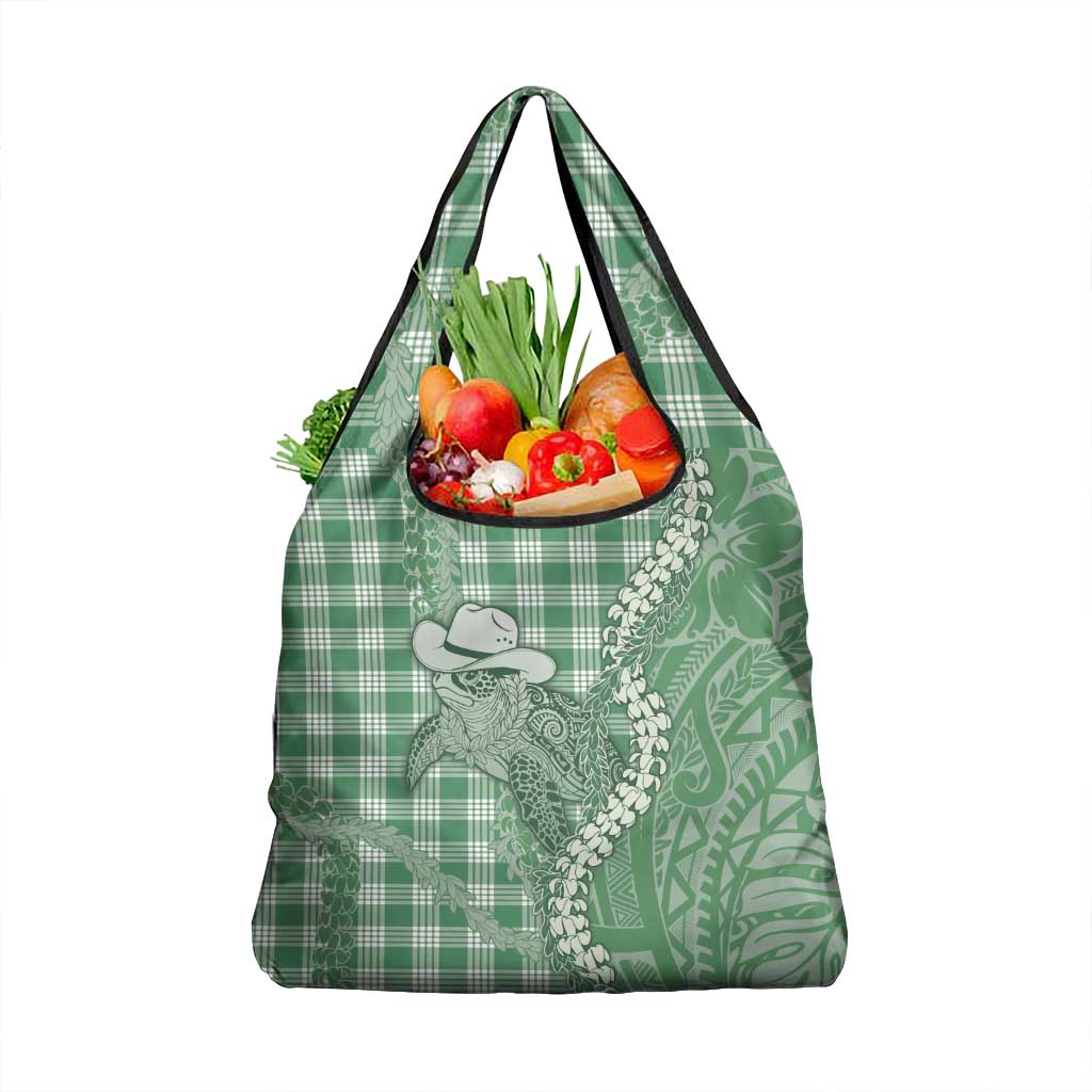 Green Hawaii Palaka Cowboy Turtle Grocery Bag Hawaiian Paniolo Puakenikeni Maile Lei - Polynesian Pride