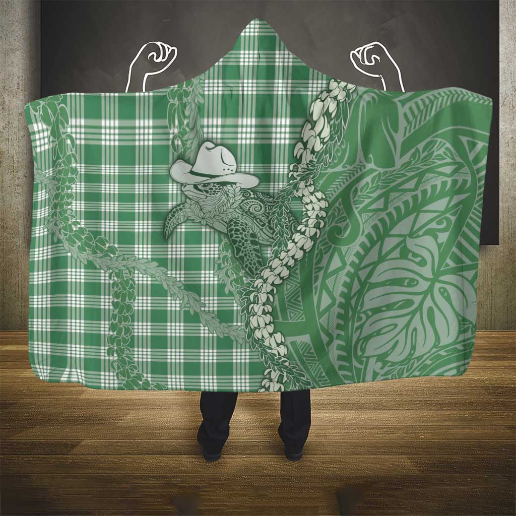 Green Hawaii Palaka Cowboy Turtle Hooded Blanket Hawaiian Paniolo Puakenikeni Maile Lei - Polynesian Pride