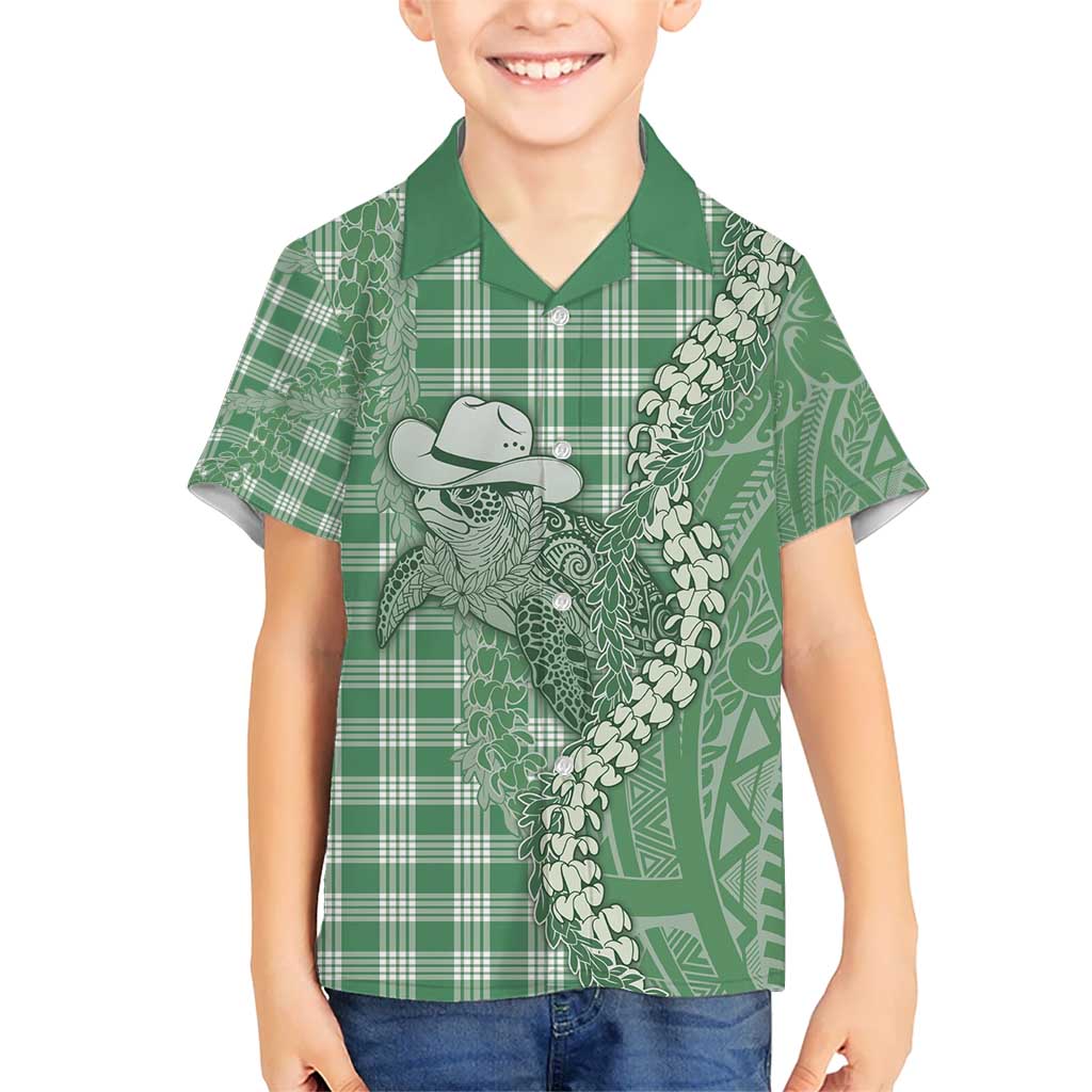 Green Hawaii Palaka Cowboy Turtle Kid Hawaiian Shirt Hawaiian Paniolo Puakenikeni Maile Lei - Polynesian Pride