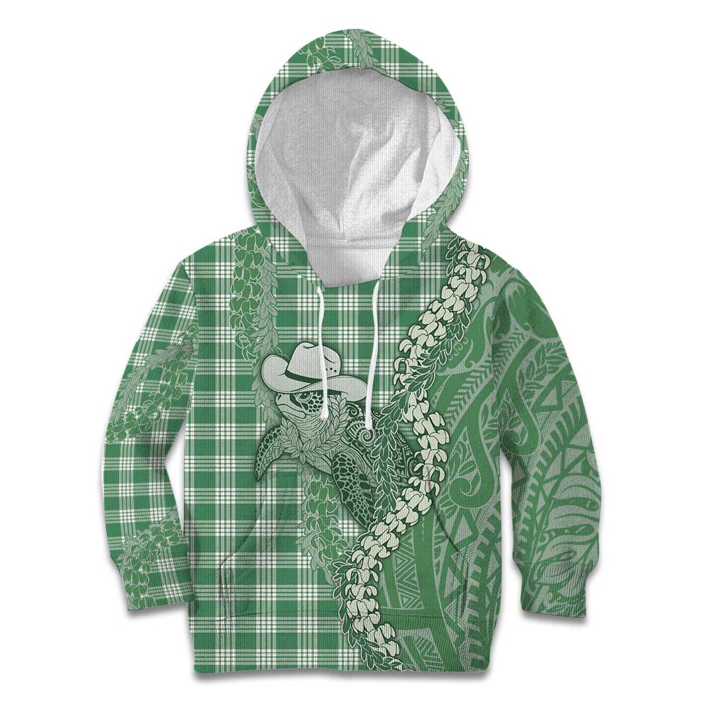 Green Hawaii Palaka Cowboy Turtle Kid Hoodie Hawaiian Paniolo Puakenikeni Maile Lei - Polynesian Pride