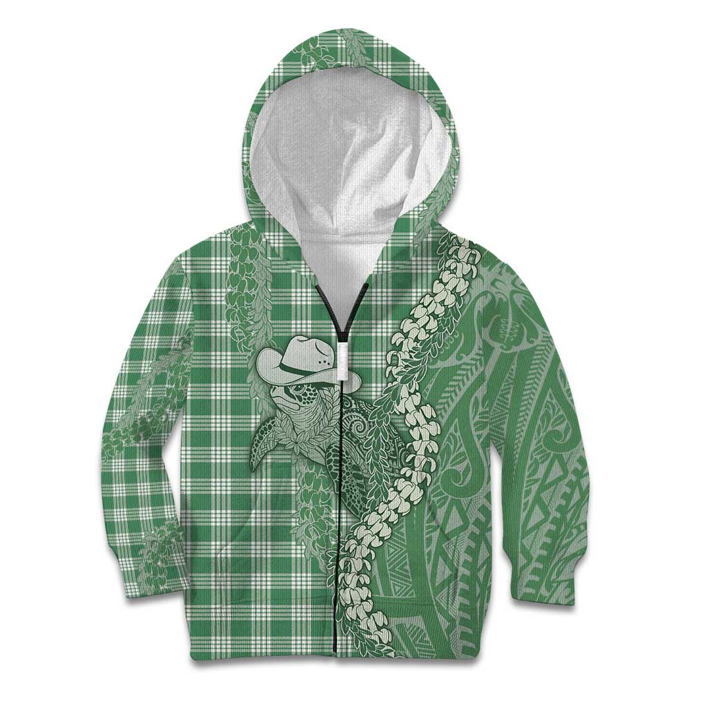 Green Hawaii Palaka Cowboy Turtle Kid Hoodie Hawaiian Paniolo Puakenikeni Maile Lei - Polynesian Pride