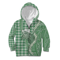 Green Hawaii Palaka Cowboy Turtle Kid Hoodie Hawaiian Paniolo Puakenikeni Maile Lei - Polynesian Pride