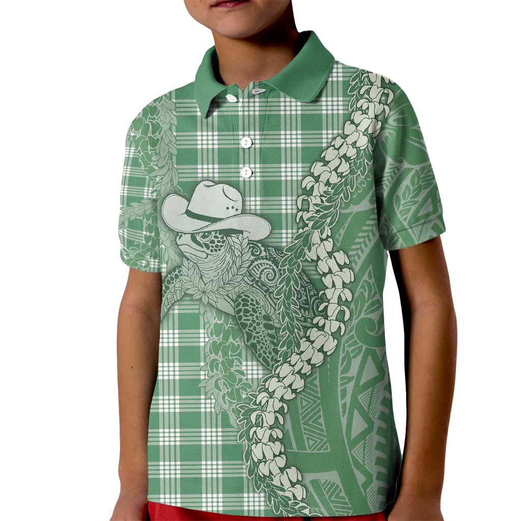 Green Hawaii Palaka Cowboy Turtle Kid Polo Shirt Hawaiian Paniolo Puakenikeni Maile Lei - Polynesian Pride