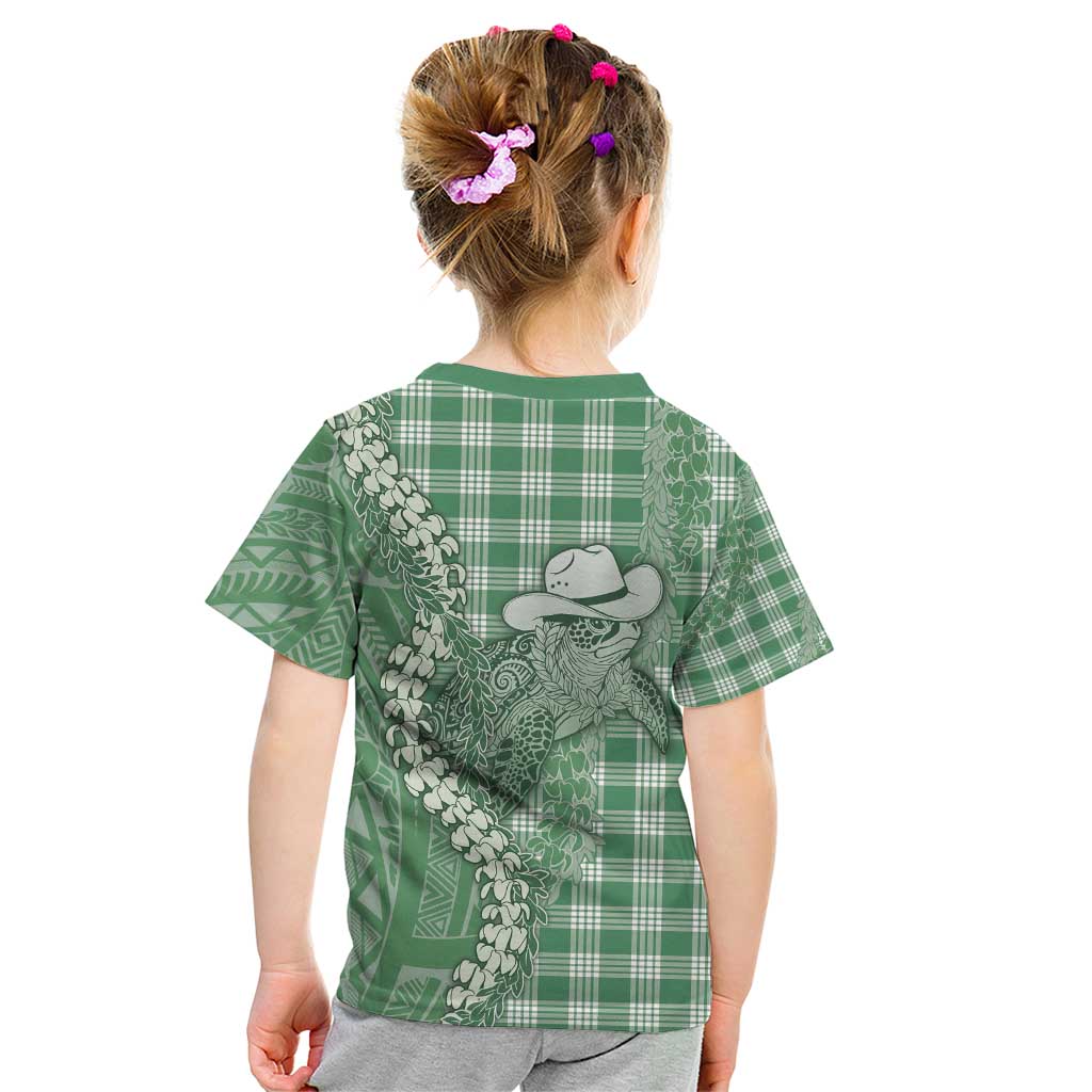 Green Hawaii Palaka Cowboy Turtle Kid T Shirt Hawaiian Paniolo Puakenikeni Maile Lei - Polynesian Pride