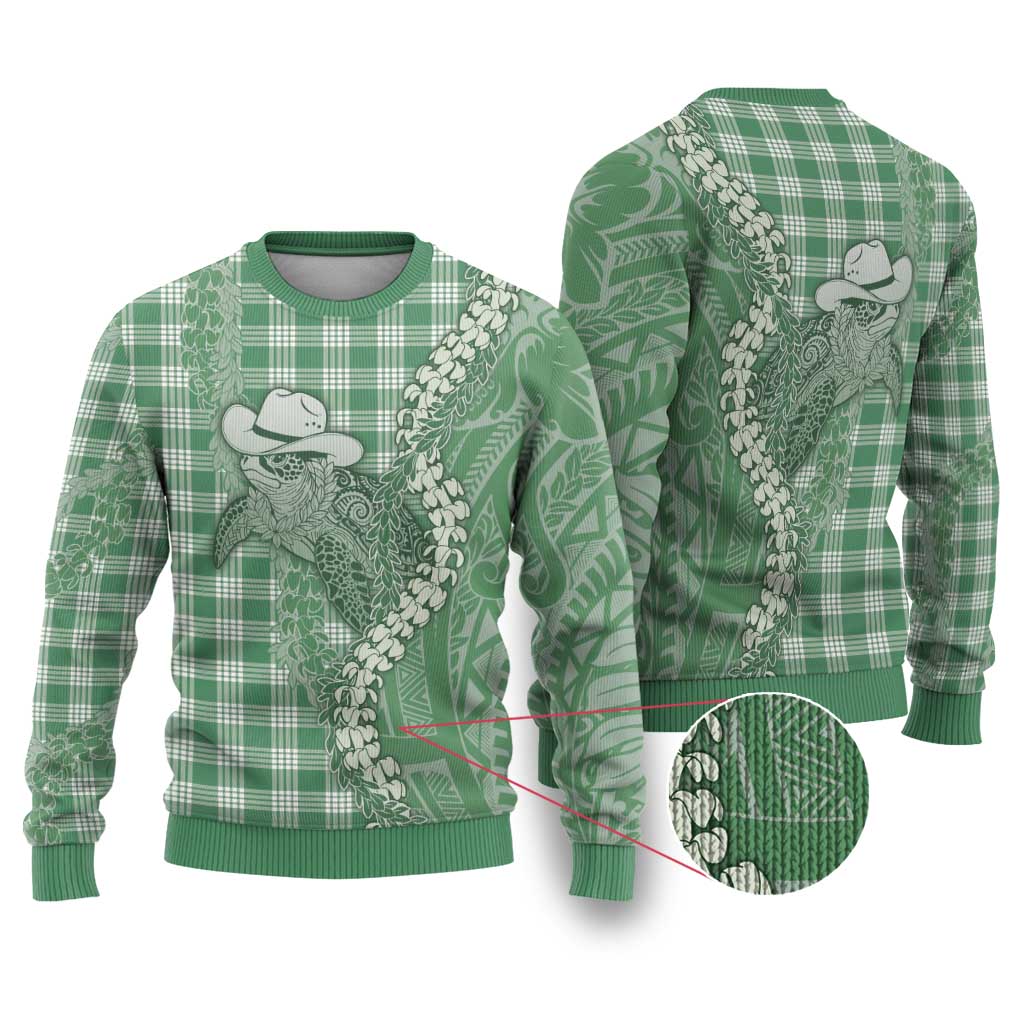 Green Hawaii Palaka Cowboy Turtle Ugly Christmas Sweater Hawaiian Paniolo Puakenikeni Maile Lei - Polynesian Pride