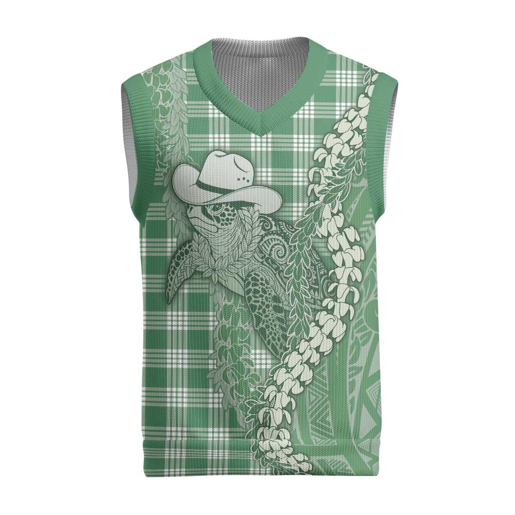 Green Hawaii Palaka Cowboy Turtle Christmas Knitted V-Neck Vest Hawaiian Paniolo Puakenikeni Maile Lei - Polynesian Pride