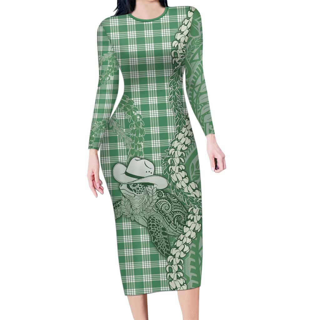 Green Hawaii Palaka Cowboy Turtle Long Sleeve Bodycon Dress Hawaiian Paniolo Puakenikeni Maile Lei - Polynesian Pride