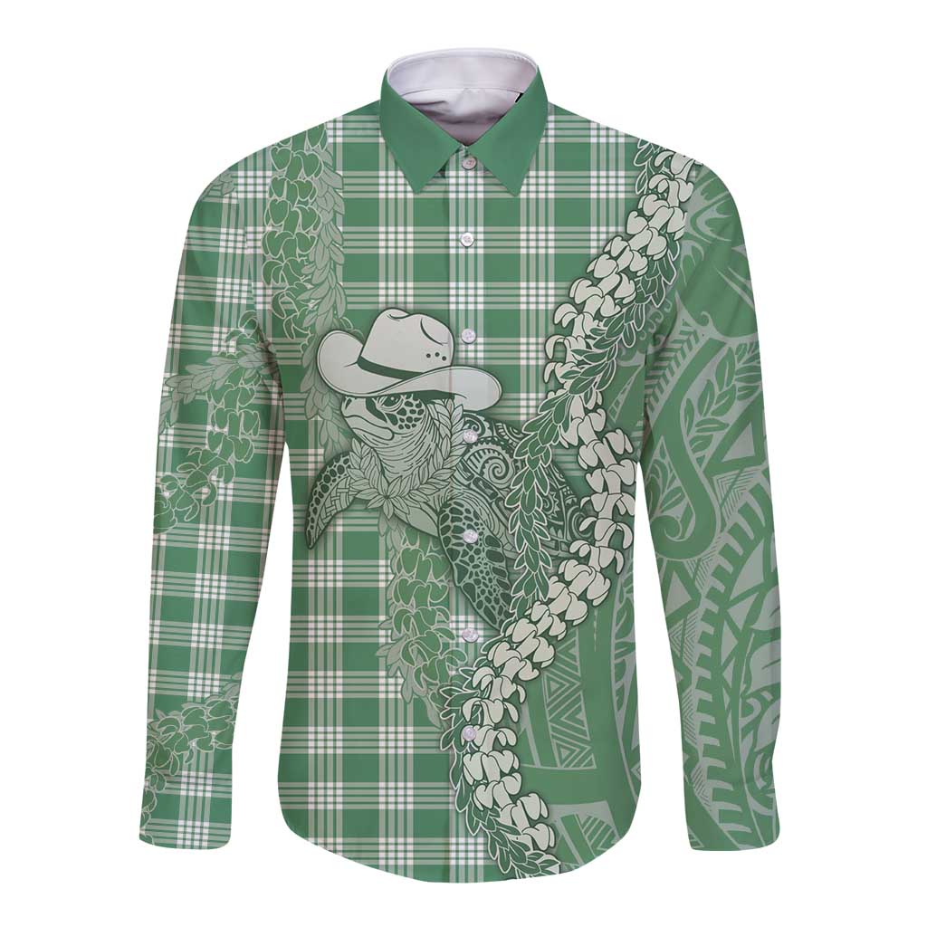 Green Hawaii Palaka Cowboy Turtle Long Sleeve Button Shirt Hawaiian Paniolo Puakenikeni Maile Lei - Polynesian Pride