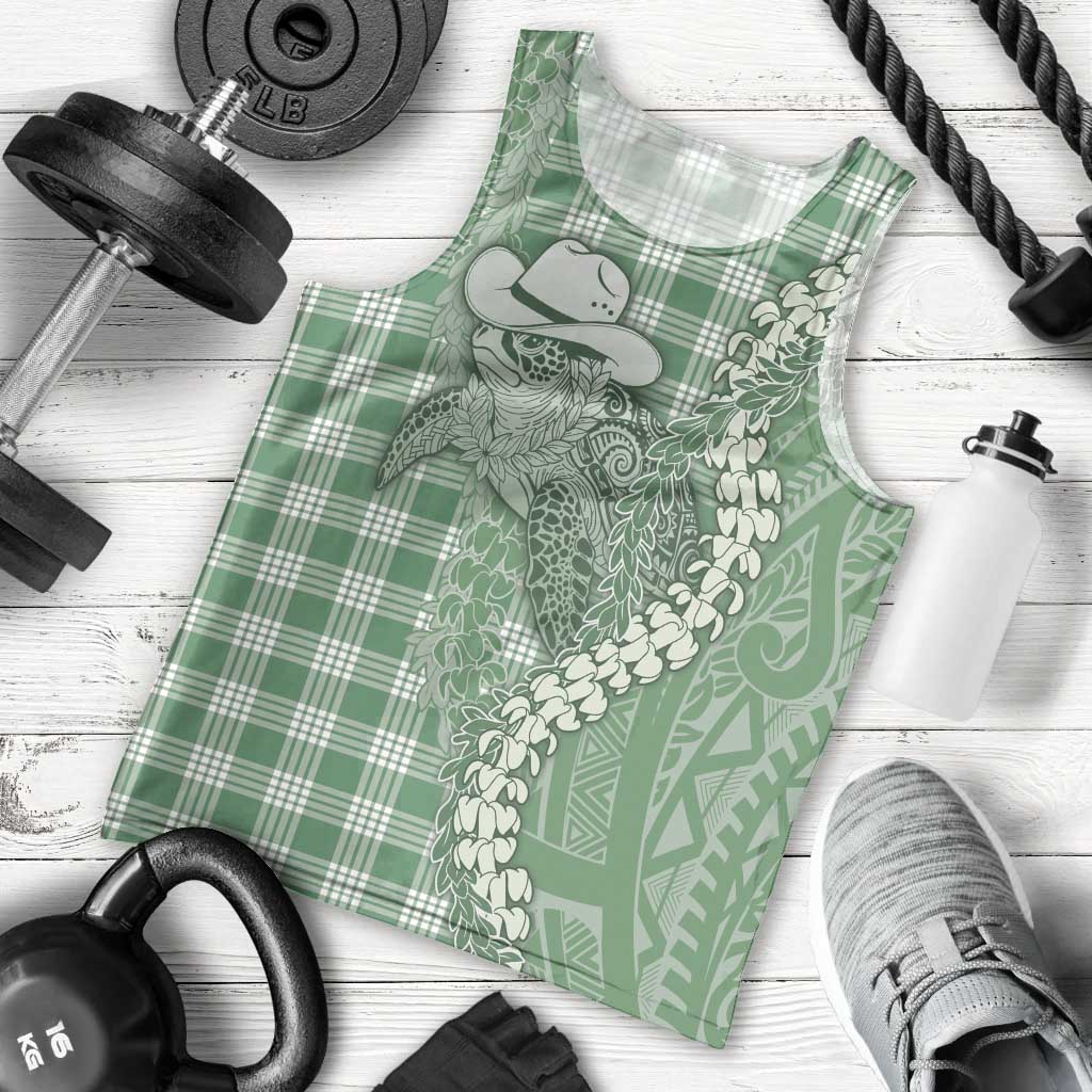 Green Hawaii Palaka Cowboy Turtle Men Tank Top Hawaiian Paniolo Puakenikeni Maile Lei - Polynesian Pride