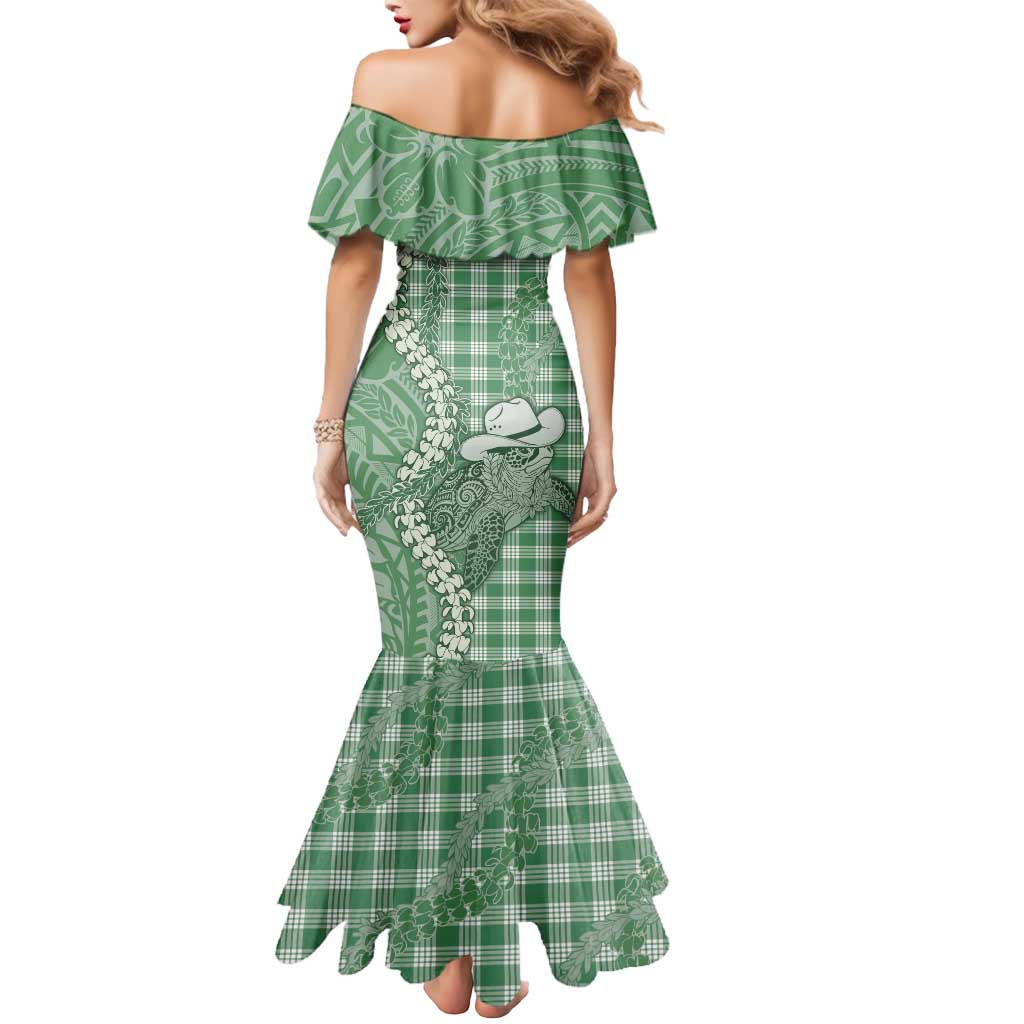 Green Hawaii Palaka Cowboy Turtle Mermaid Dress Hawaiian Paniolo Puakenikeni Maile Lei - Polynesian Pride