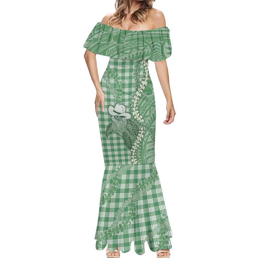 Green Hawaii Palaka Cowboy Turtle Mermaid Dress Hawaiian Paniolo Puakenikeni Maile Lei - Polynesian Pride