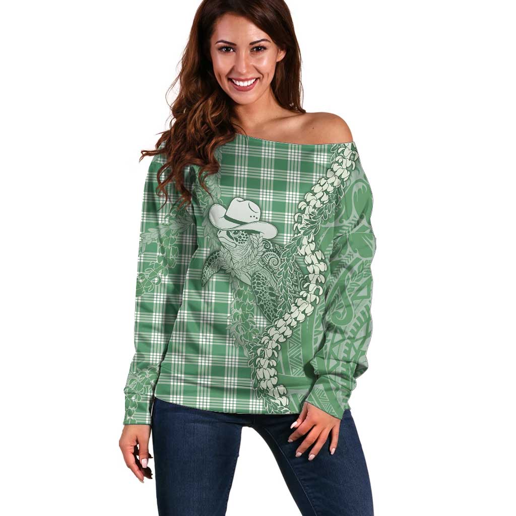 Green Hawaii Palaka Cowboy Turtle Off Shoulder Sweater Hawaiian Paniolo Puakenikeni Maile Lei - Polynesian Pride