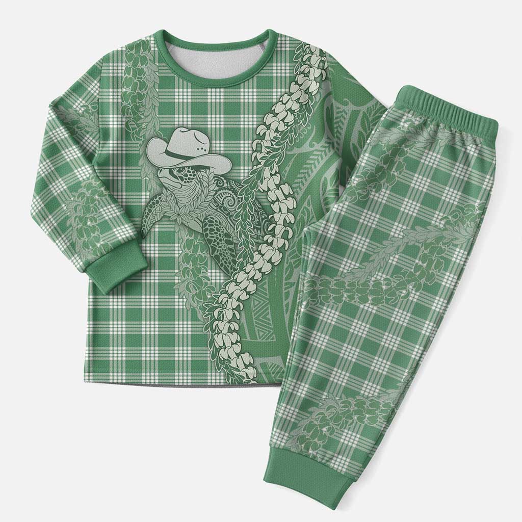 Green Hawaii Palaka Cowboy Turtle Christmas Pajama Set Hawaiian Paniolo Puakenikeni Maile Lei - Polynesian Pride