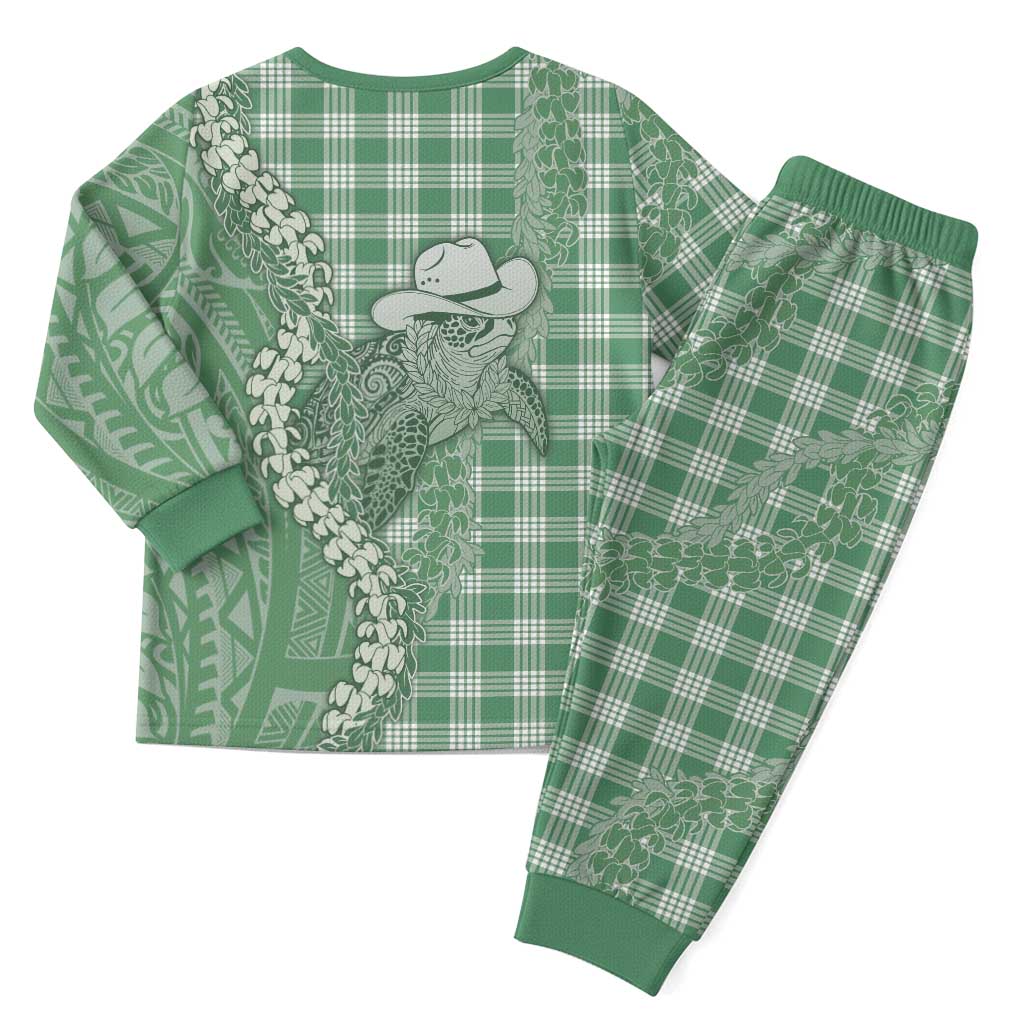 Green Hawaii Palaka Cowboy Turtle Christmas Pajama Set Hawaiian Paniolo Puakenikeni Maile Lei - Polynesian Pride