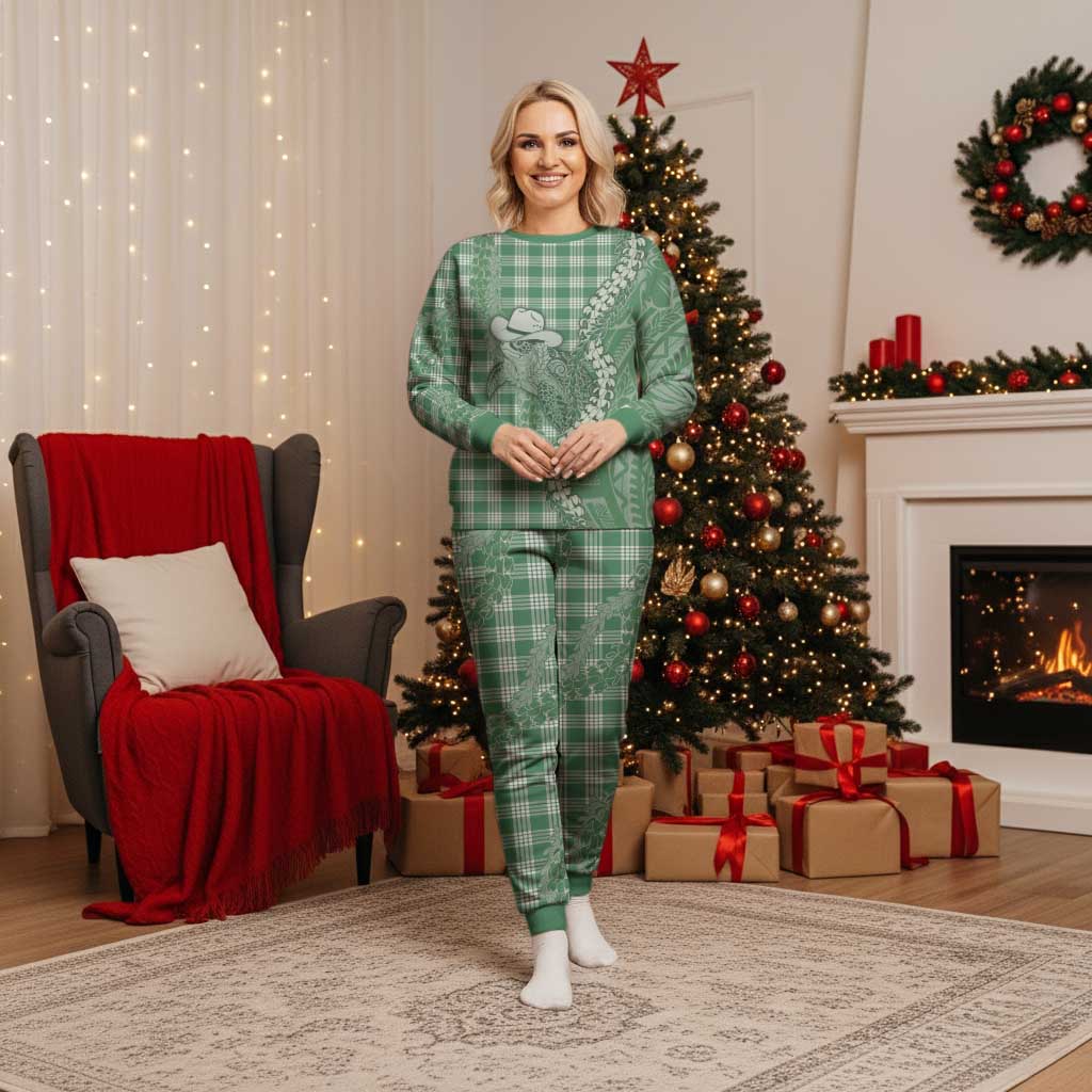 Green Hawaii Palaka Cowboy Turtle Christmas Pajama Set Hawaiian Paniolo Puakenikeni Maile Lei - Polynesian Pride
