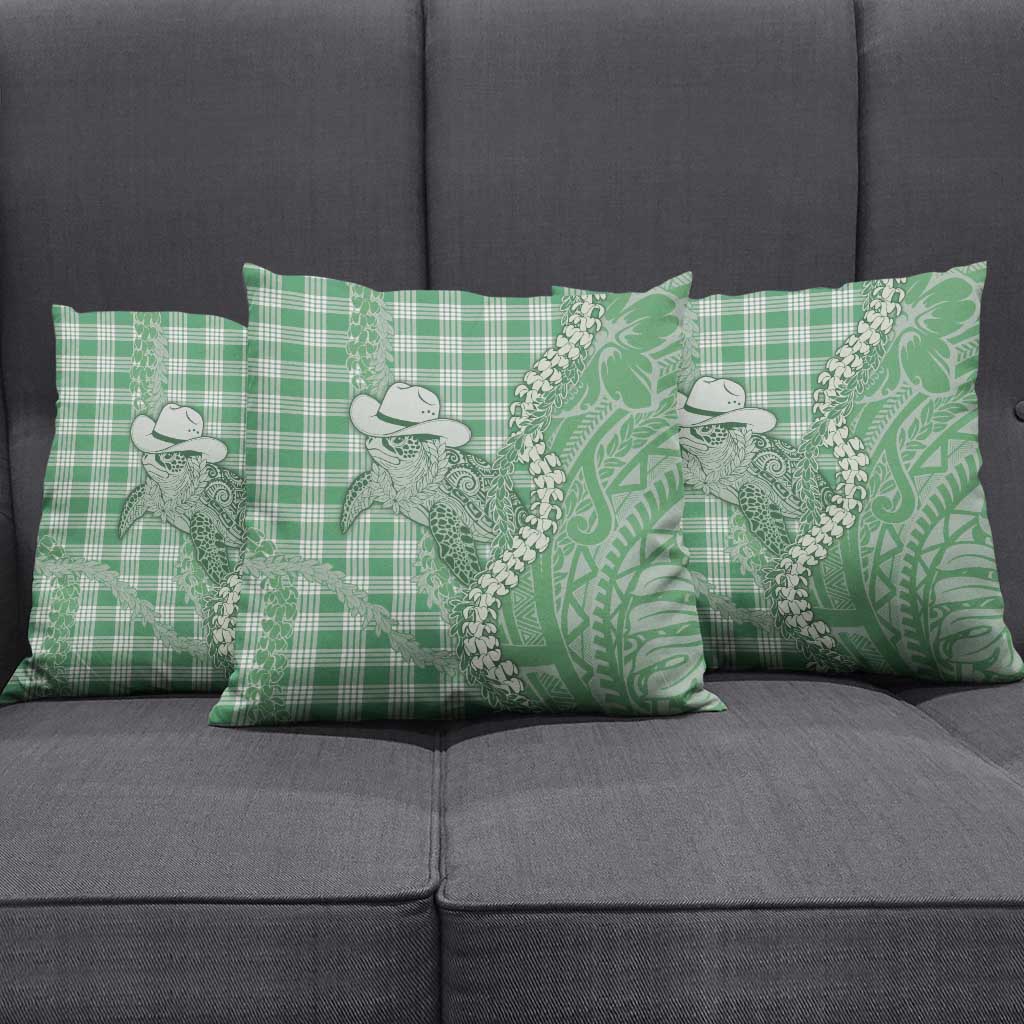 Green Hawaii Palaka Cowboy Turtle Pillow Cover Hawaiian Paniolo Puakenikeni Maile Lei - Polynesian Pride