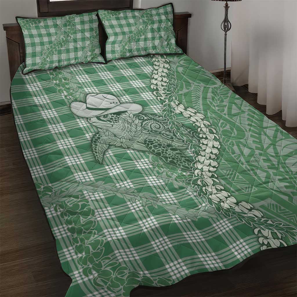 Green Hawaii Palaka Cowboy Turtle Quilt Bed Set Hawaiian Paniolo Puakenikeni Maile Lei - Polynesian Pride
