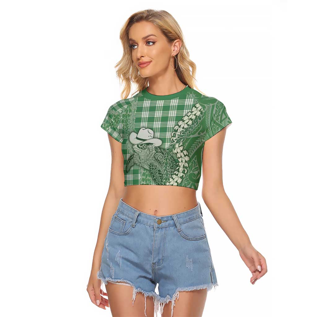 Green Hawaii Palaka Cowboy Turtle Raglan Cropped T Shirt Hawaiian Paniolo Puakenikeni Maile Lei - Polynesian Pride