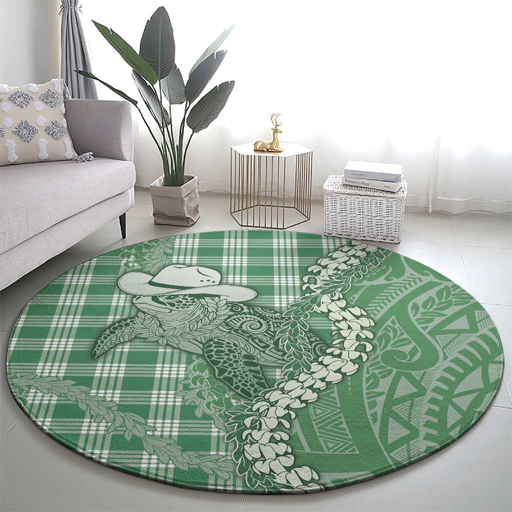 Green Hawaii Palaka Cowboy Turtle Round Carpet Hawaiian Paniolo Puakenikeni Maile Lei - Polynesian Pride