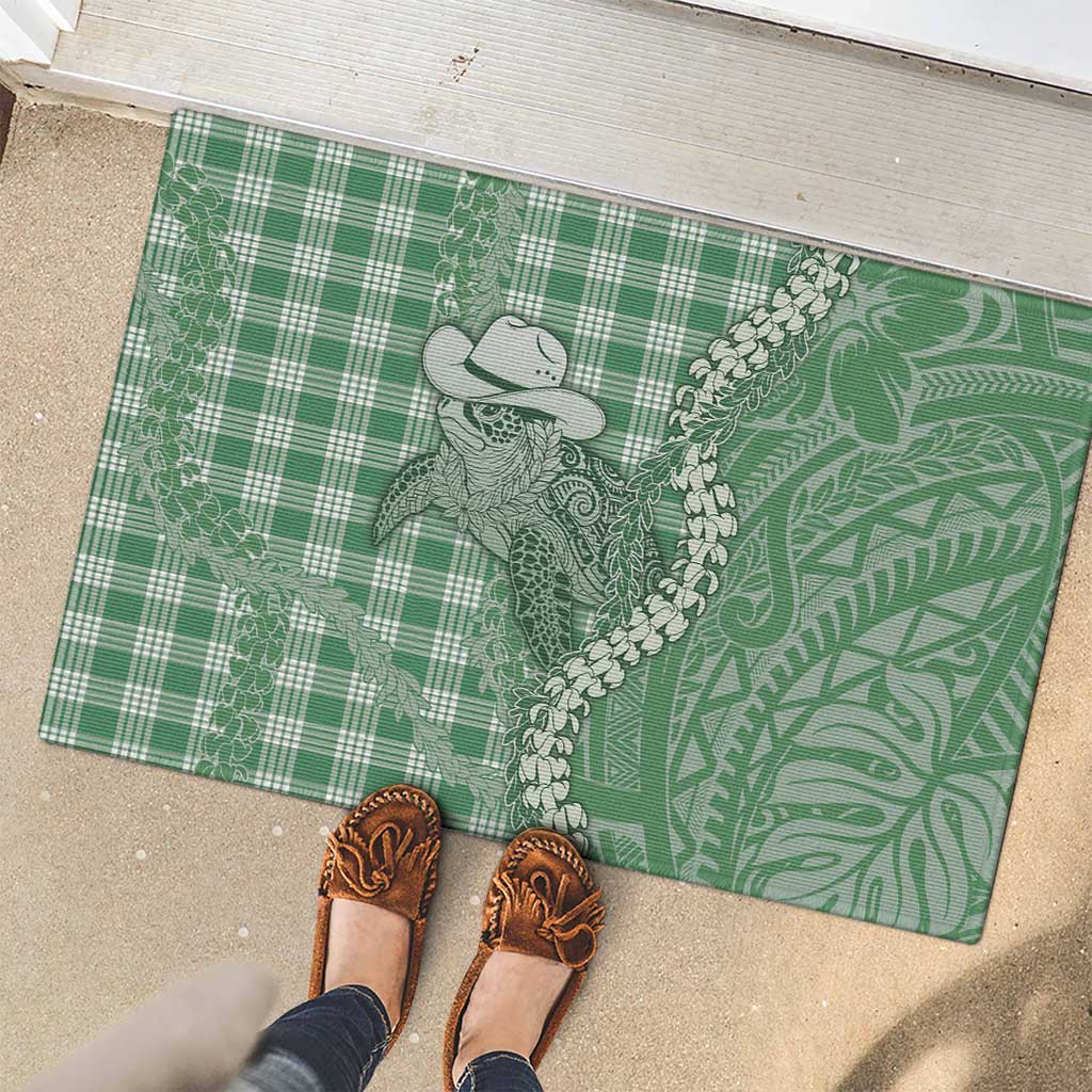 Green Hawaii Palaka Cowboy Turtle Rubber Doormat Hawaiian Paniolo Puakenikeni Maile Lei - Polynesian Pride