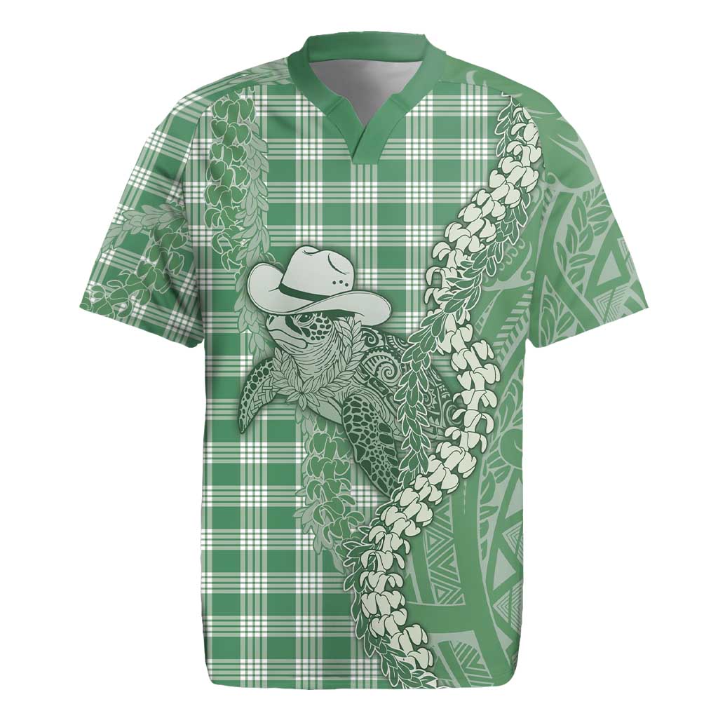 Green Hawaii Palaka Cowboy Turtle Rugby Jersey Hawaiian Paniolo Puakenikeni Maile Lei - Polynesian Pride