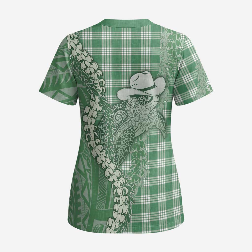 Green Hawaii Palaka Cowboy Turtle Scrub Top Hawaiian Paniolo Puakenikeni Maile Lei DT05 - Polynesian Pride