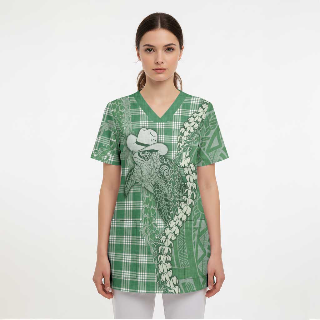Green Hawaii Palaka Cowboy Turtle Scrub Top Hawaiian Paniolo Puakenikeni Maile Lei DT05 - Polynesian Pride