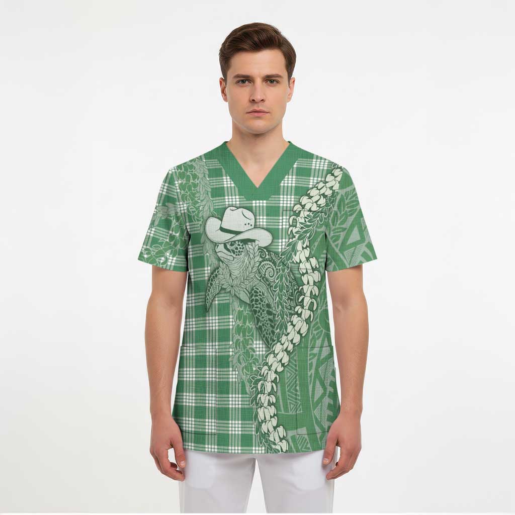 Green Hawaii Palaka Cowboy Turtle Scrub Top Hawaiian Paniolo Puakenikeni Maile Lei DT05 - Polynesian Pride