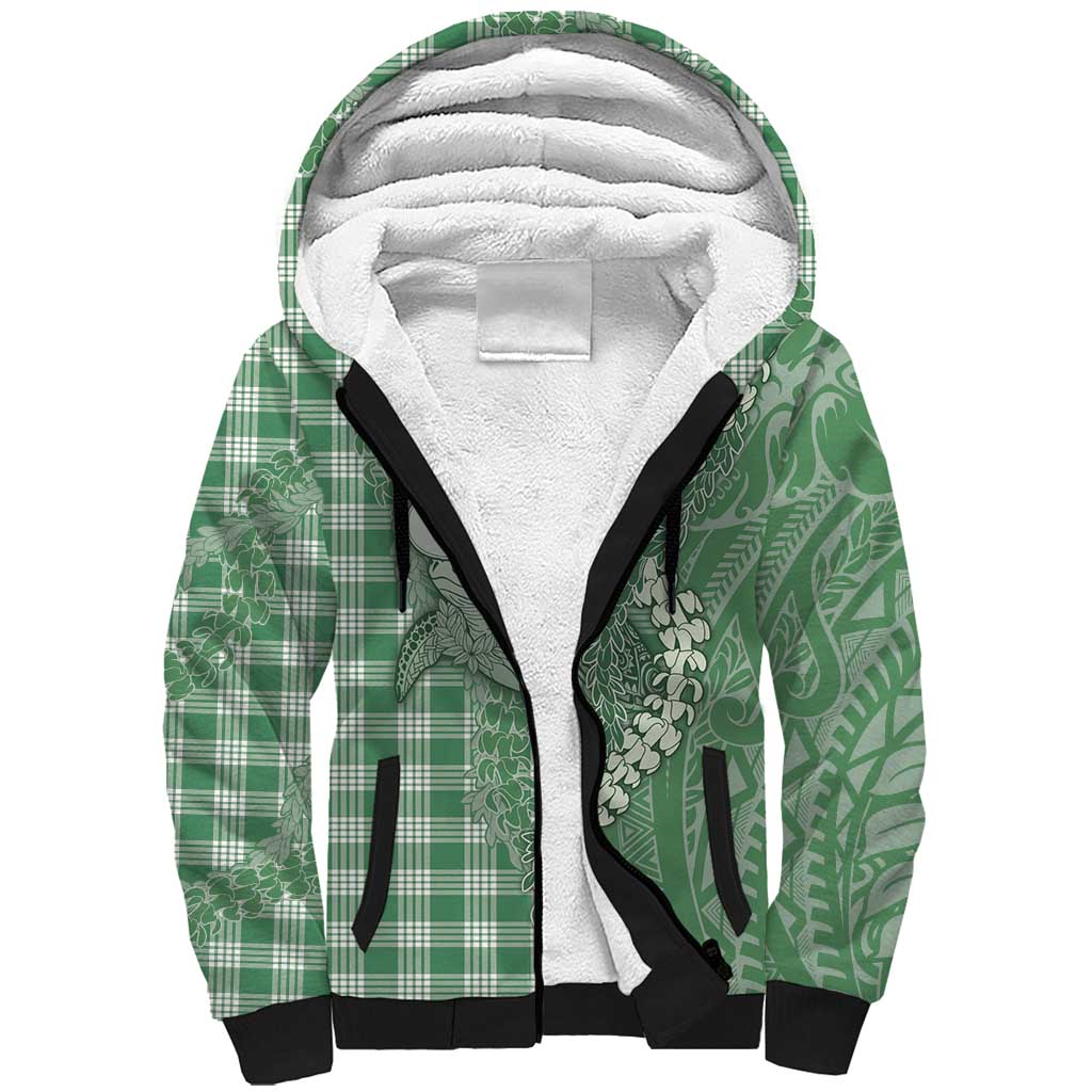 Green Hawaii Palaka Cowboy Turtle Sherpa Hoodie Hawaiian Paniolo Puakenikeni Maile Lei - Polynesian Pride