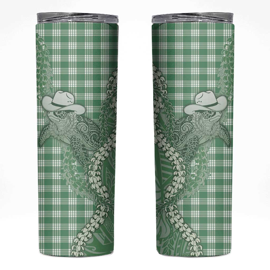 Green Hawaii Palaka Cowboy Turtle Skinny Tumbler Hawaiian Paniolo Puakenikeni Maile Lei - Polynesian Pride