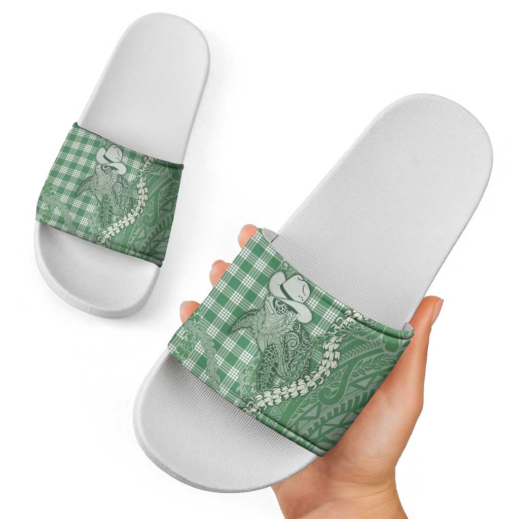 Green Hawaii Palaka Cowboy Turtle Slide Sandals Hawaiian Paniolo Puakenikeni Maile Lei DT05 - Polynesian Pride
