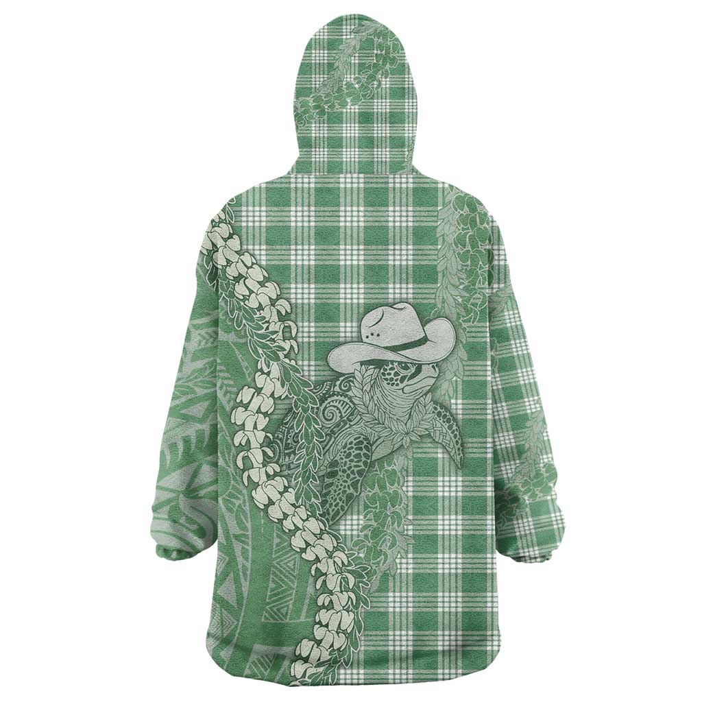 Green Hawaii Palaka Cowboy Turtle Wearable Blanket Hoodie Hawaiian Paniolo Puakenikeni Maile Lei - Polynesian Pride